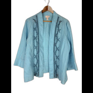Chico’s 100% Linen Open Front Cardigan Jacket Blue Beaded Size XL Coastal